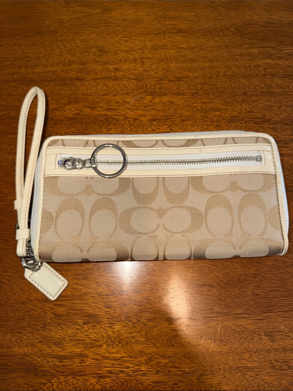 Coach Poppy Tan Signature Canvas Wallet Wristlet with Cream Trim